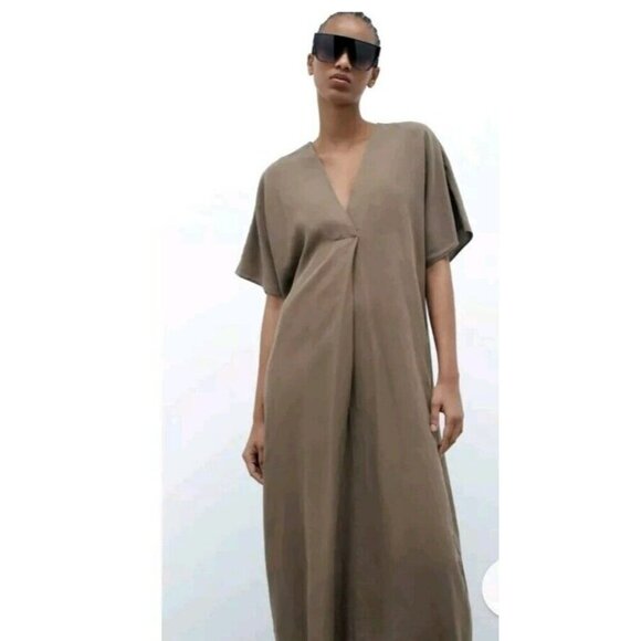 ZARA Linen Lyocell Tunic Dress with Pleat L Chest 54" Khaki Kaftan 4877 049 - Picture 2 of 7